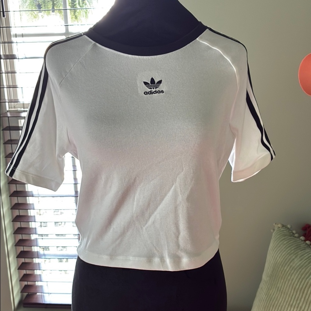 Adidas White Black Cropped Fitted T-Shirt